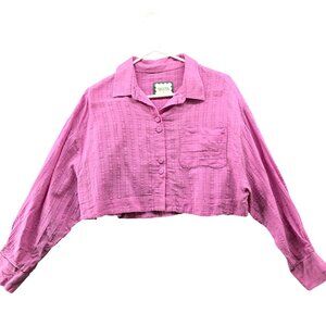 Sixxta Cropped Long Sleeve Shirt Womens M Pink Relaxed Lightweight Button Up